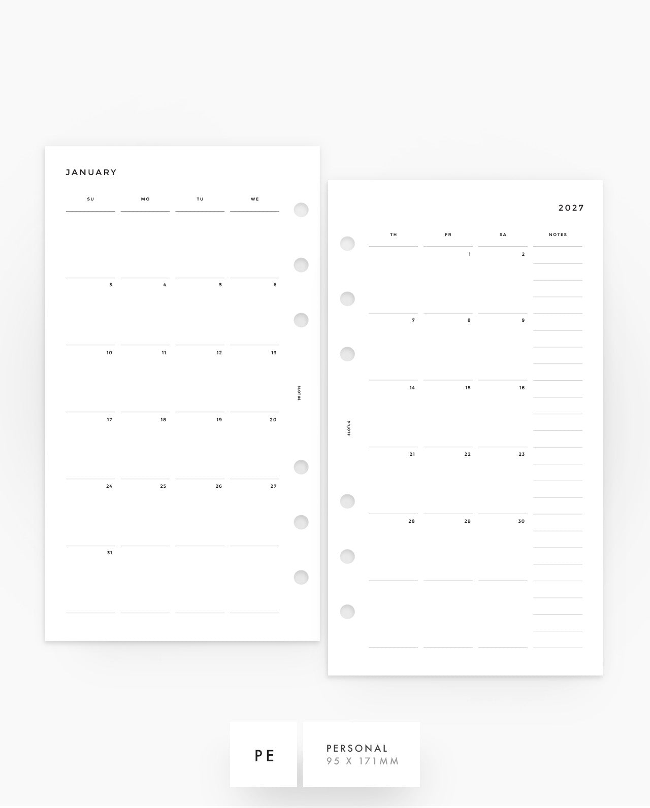 MN016 - 2027 Monthly Planner Inserts (SUNDAY START) - MO4P - PREORDER