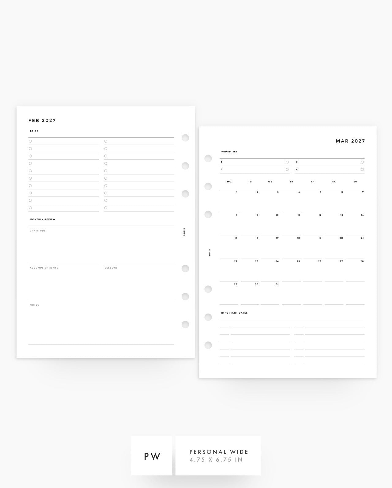 MN003 - 2027 Monthly Overview & Review Planner Inserts - MO2P - PREORDER