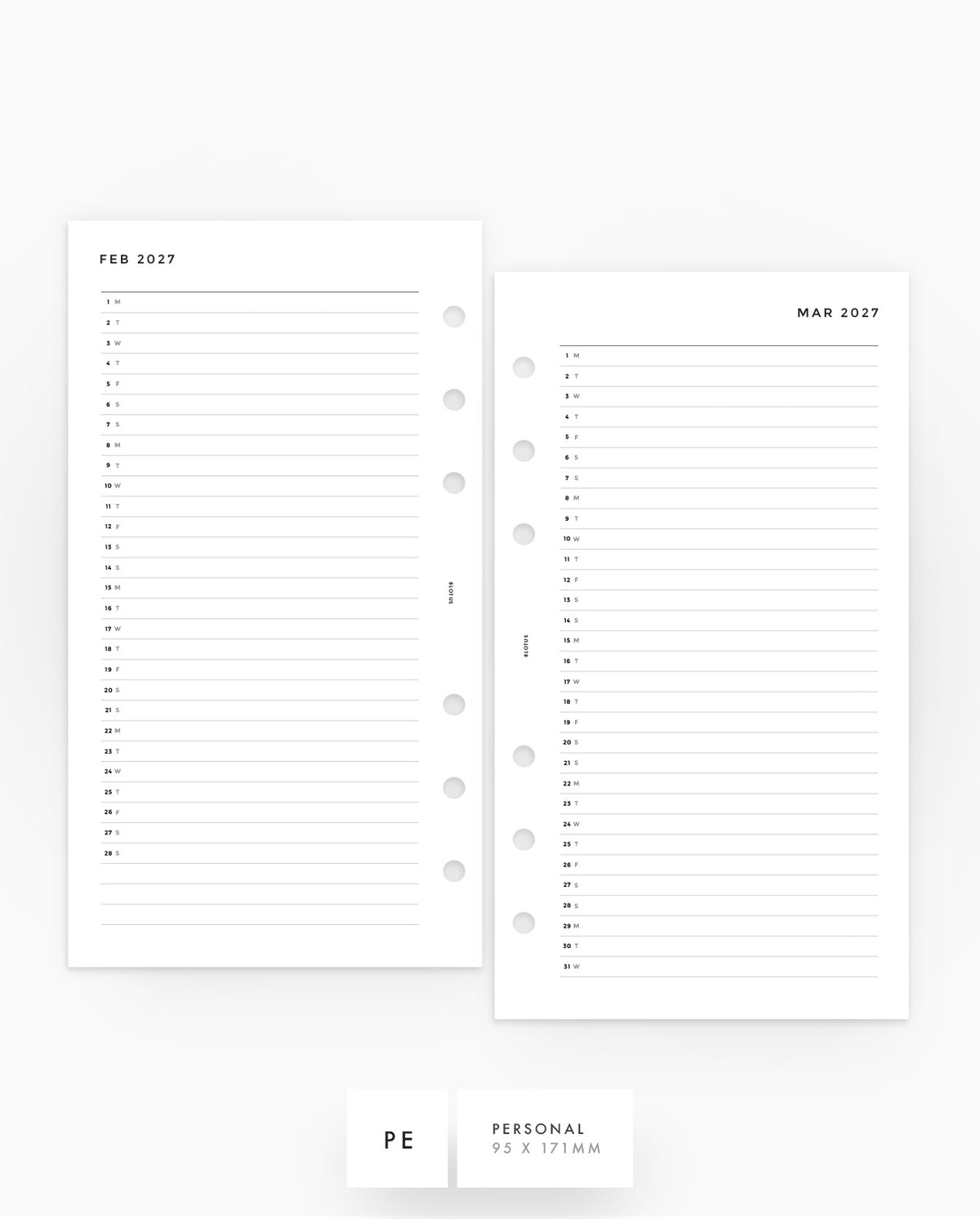 MN092 - 2027 Monthly Planner Inserts - Vertical - MO1P - PREORDER