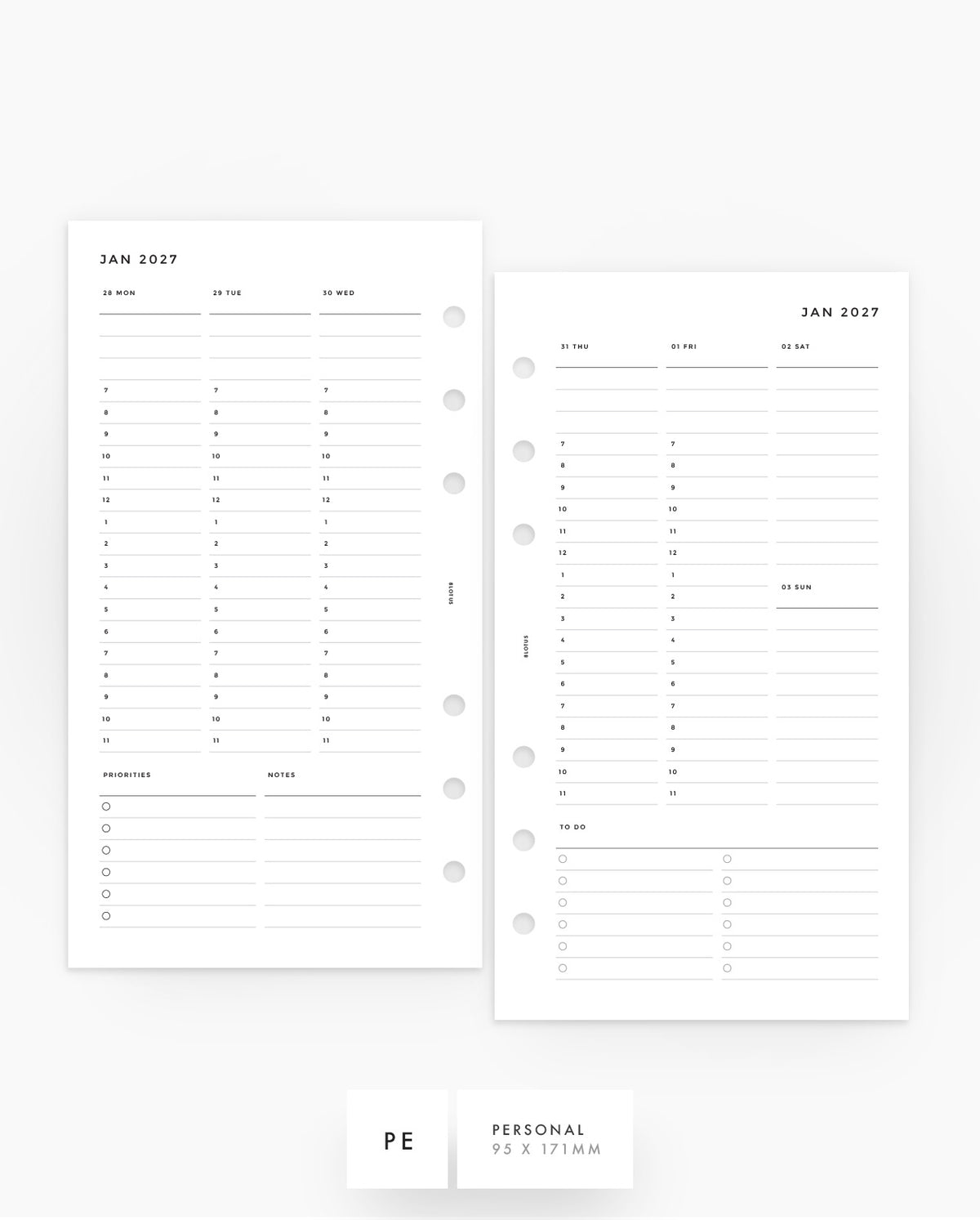 MN025 - 2027 Weekly Planner Inserts - Hourly - WO2P - PREORDER