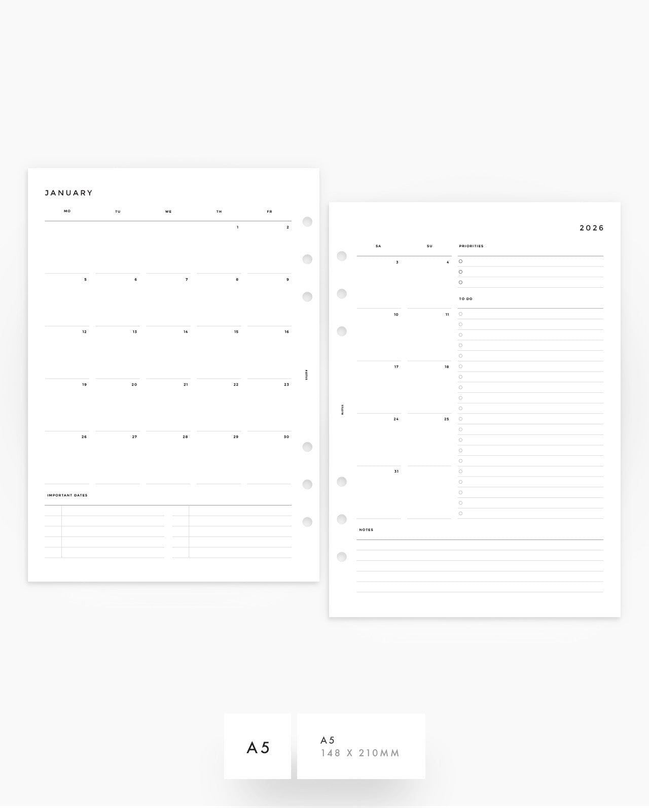 2026 Minimalist Planner Inserts Bundle - Yearly, Monthly & Weekly