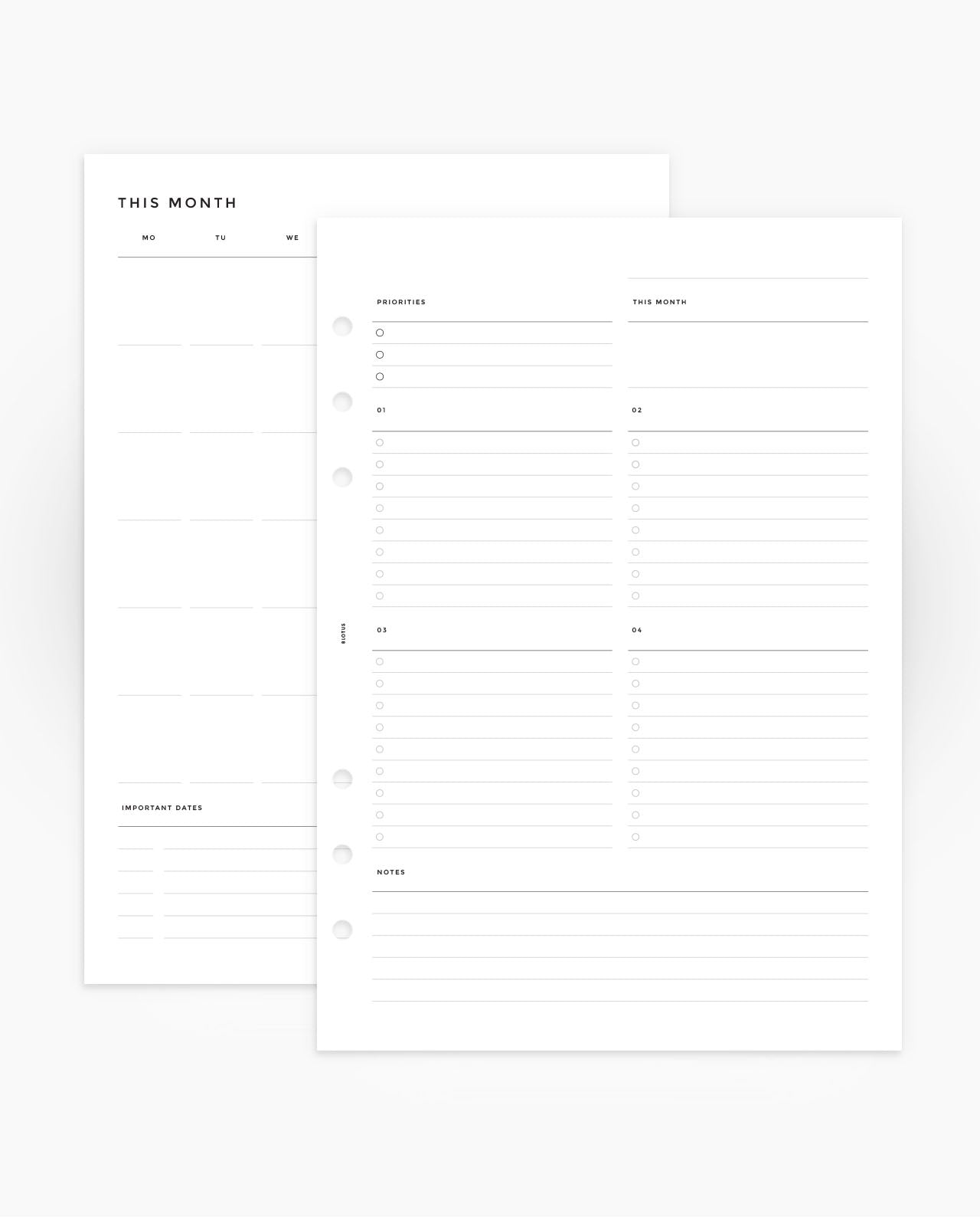 MN122 - Monthly Planner MO2P Spread - Printable PDF