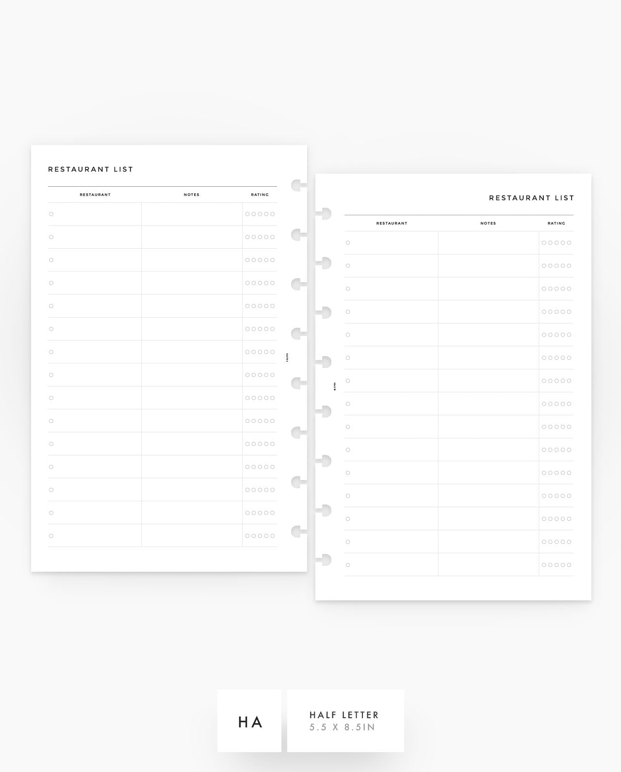 MN259 - Restaurant List - Printable Planner Inserts PDF
