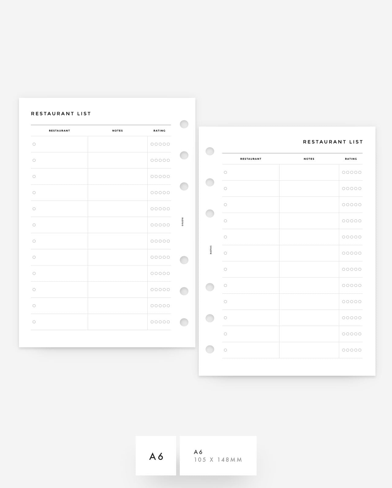 MN259 - Restaurant List - Printable Planner Inserts PDF