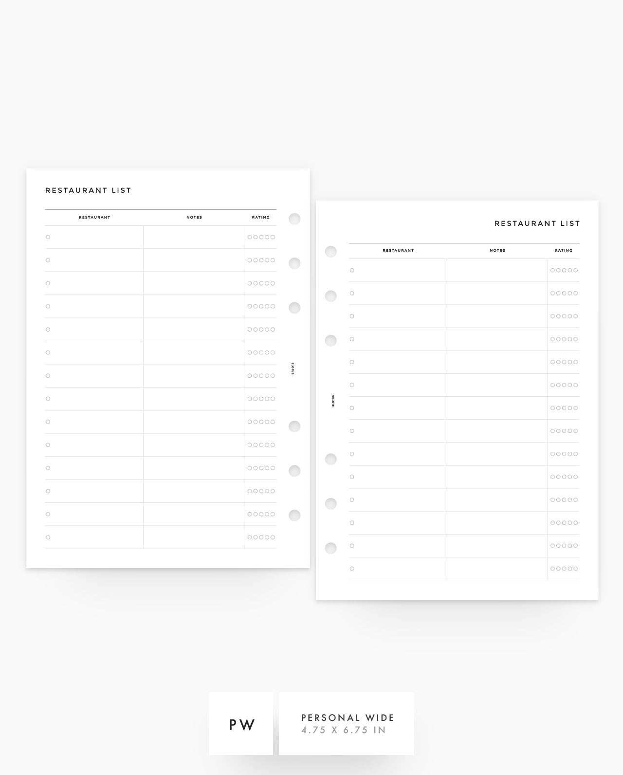 MN259 - Restaurant List - Printable Planner Inserts PDF