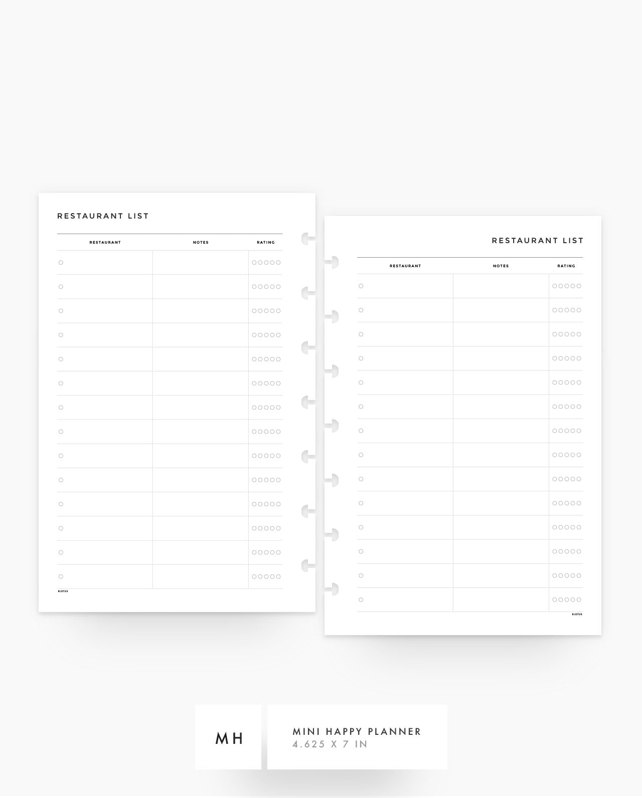 MN259 - Restaurant List - Printable Planner Inserts PDF