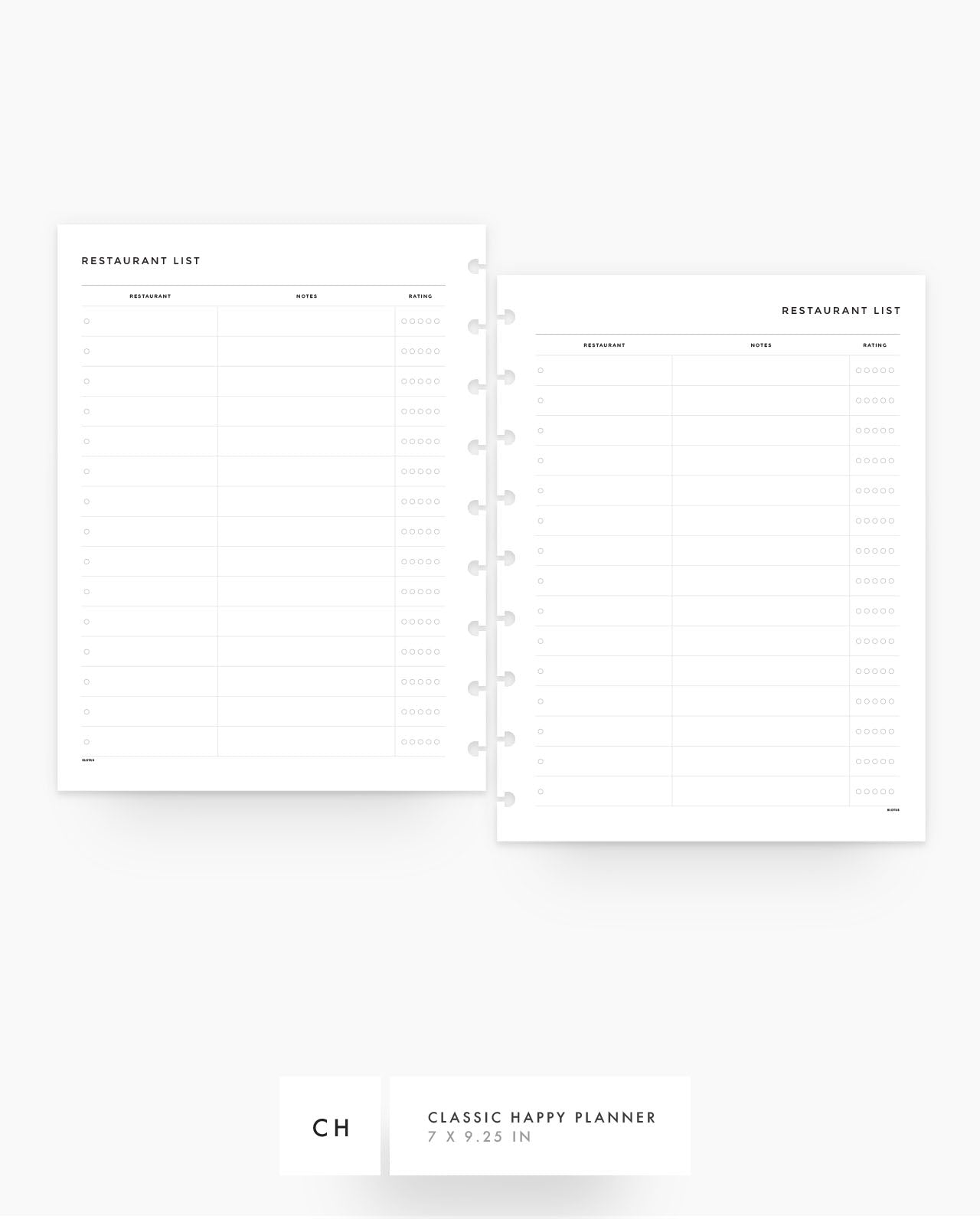 MN259 - Restaurant List - Printable Planner Inserts PDF