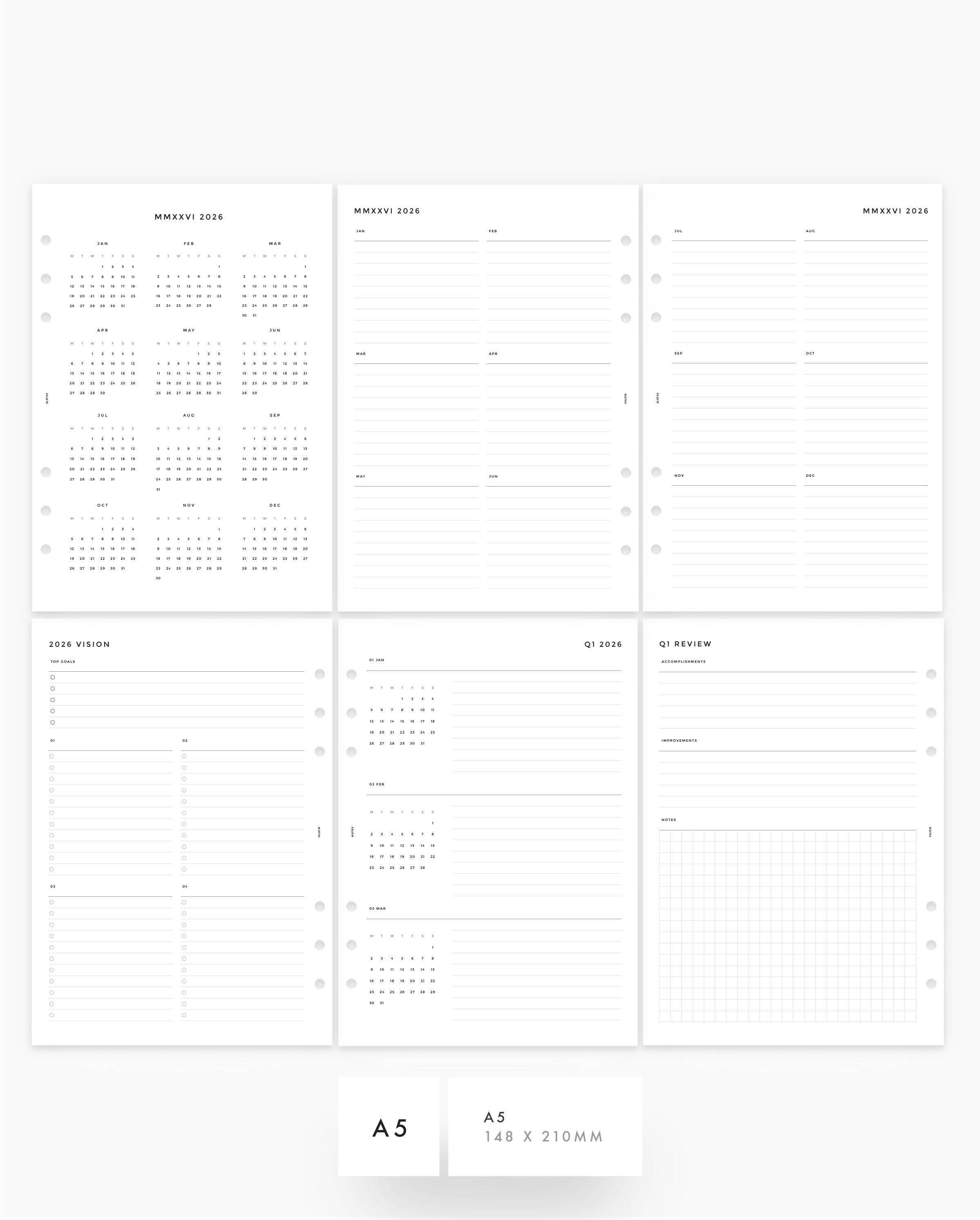 2026 Minimalist Planner Inserts Bundle - Yearly, Monthly & Weekly