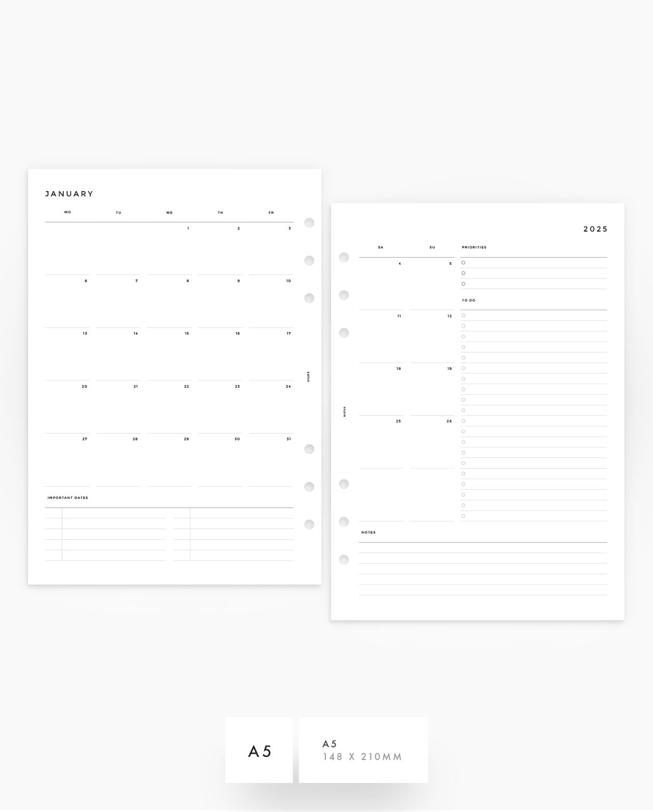 2025 Minimalist Planner Inserts Bundle - Yearly, Monthly & Weekly