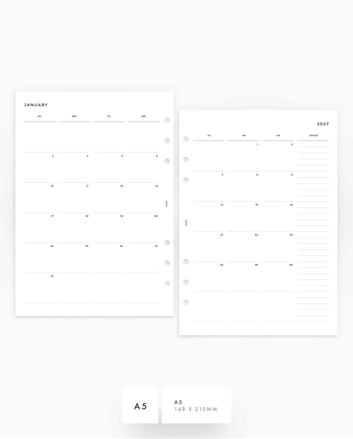 MN016 - 2027 Monthly Planner Inserts (SUNDAY START) - MO4P - PREORDER