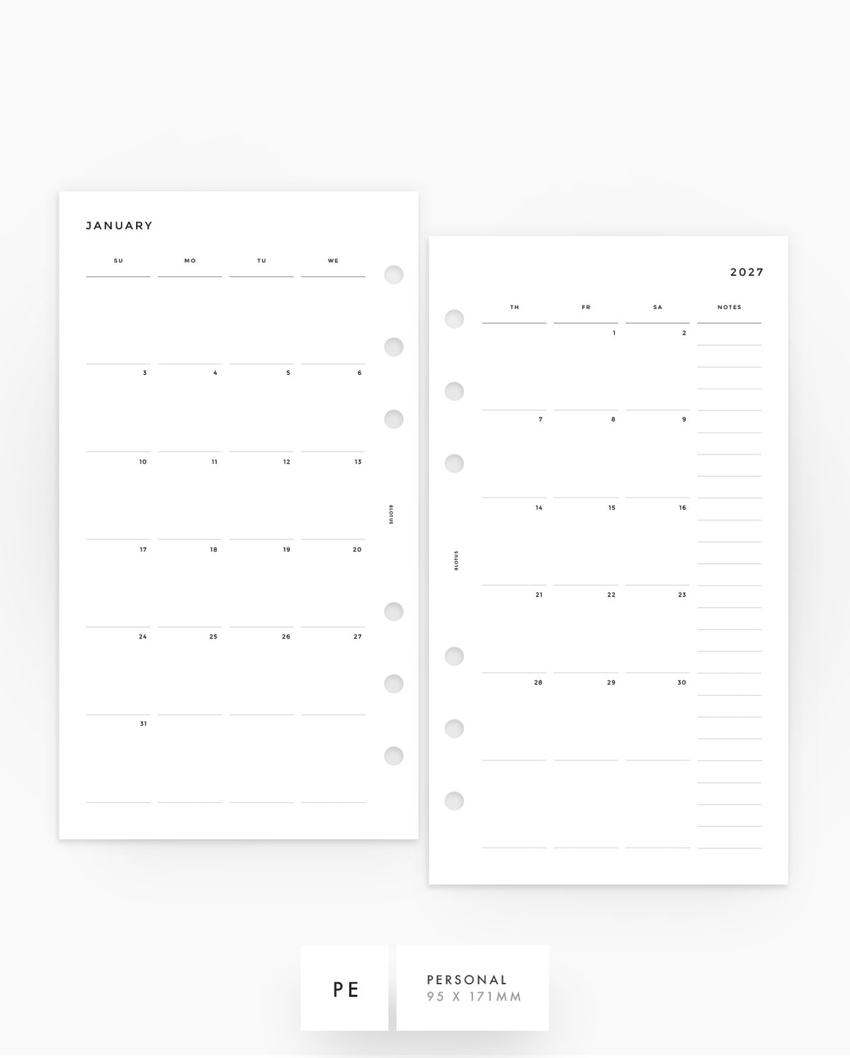 MN016 - 2027 Monthly Planner Inserts (SUNDAY START) - MO4P - PREORDER