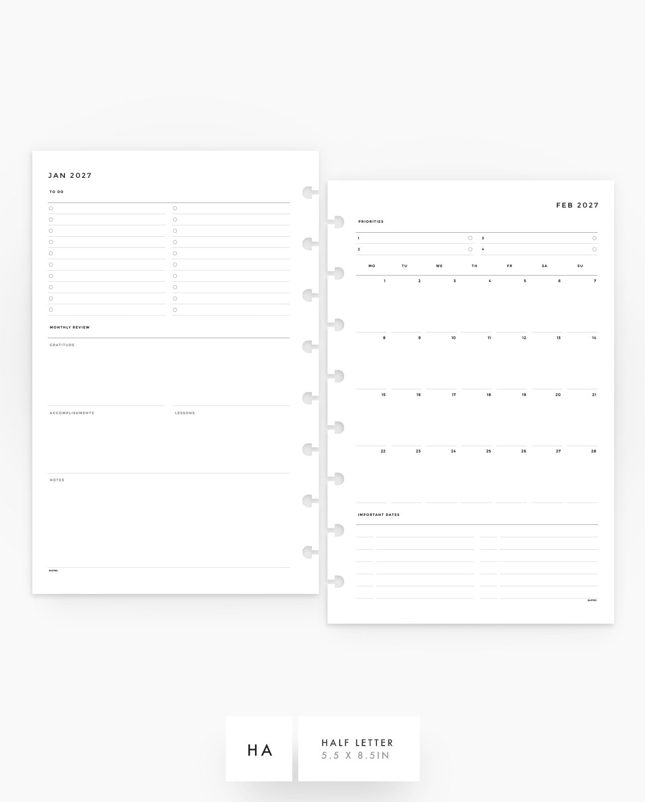MN003 - 2027 Monthly Overview & Review Planner Inserts - MO2P - PREORDER