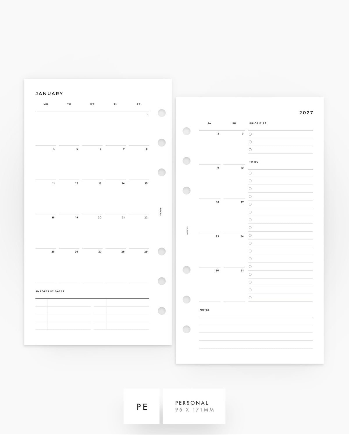 2027 Minimalist Planner Inserts Bundle - Yearly, Monthly & Weekly