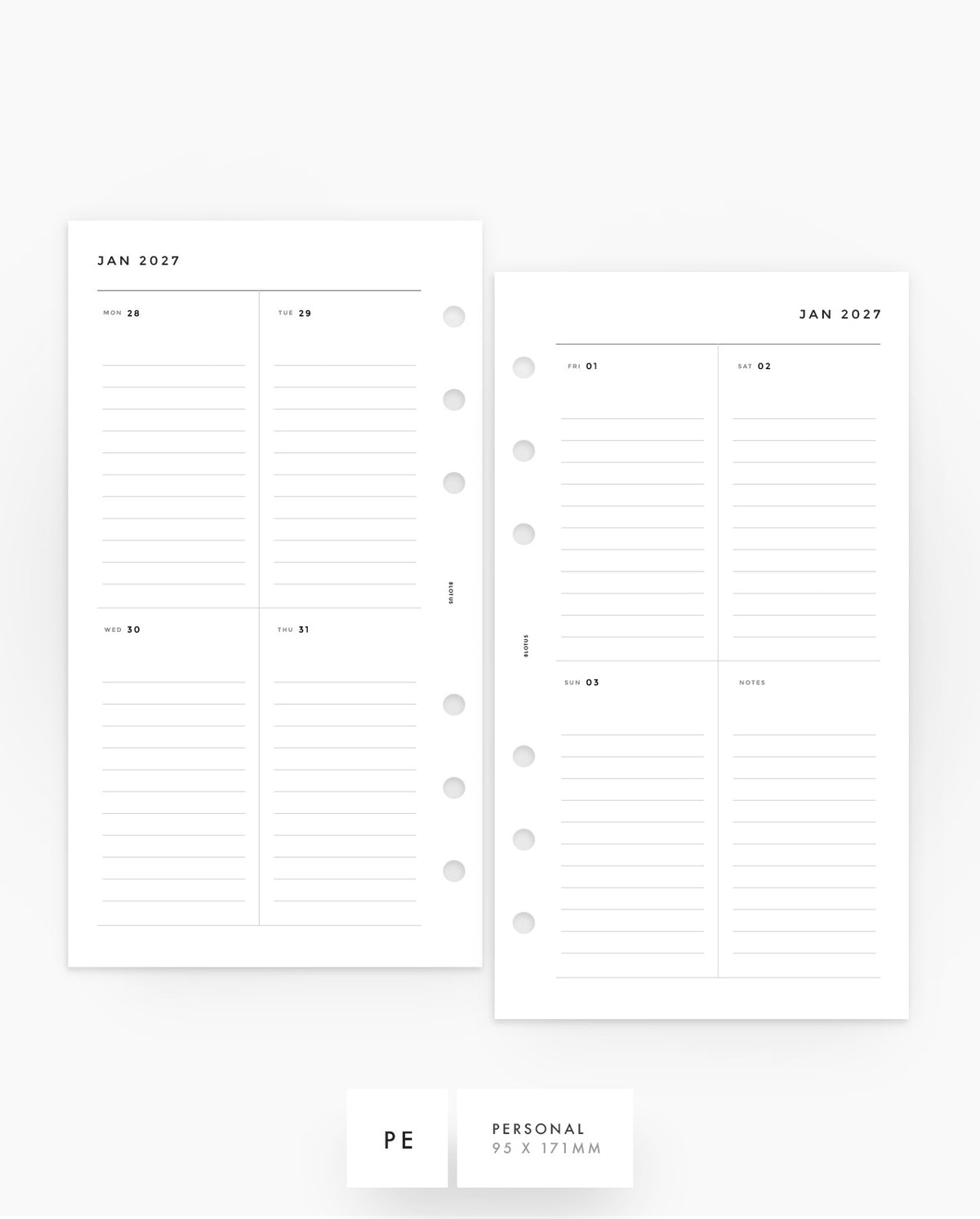 MN131 - 2027 Weekly Planner Inserts - Lined Vertical - WO2P - PREORDER