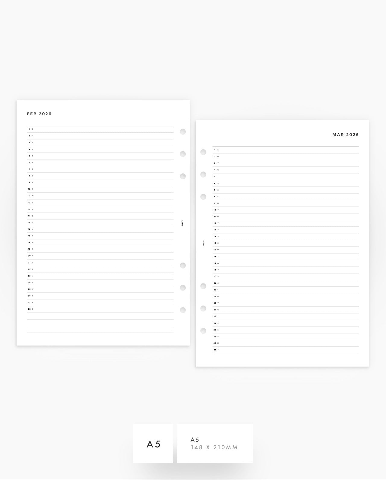 MN092 - 2026 Monthly Perpetual Vertical Planner Insert - Printable PDF