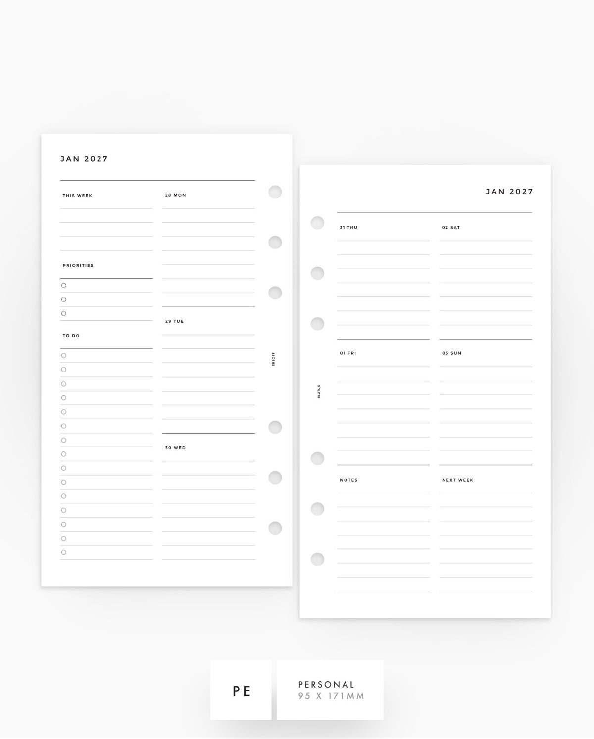 MN166 - 2027 Weekly Planner Inserts - Lined Vertical w/ Lists & Notes - WO2P - PREORDER