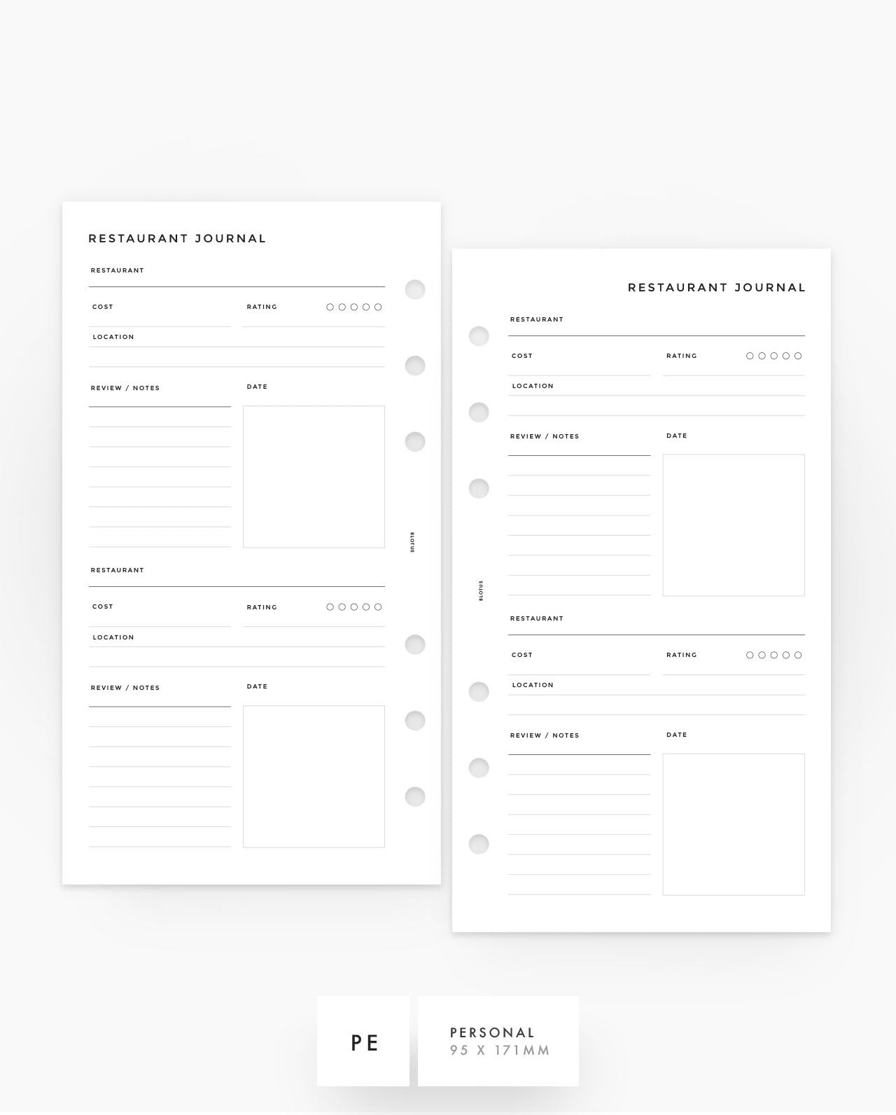 MN260 - Restaurant Journal - Printable Planner Inserts PDF