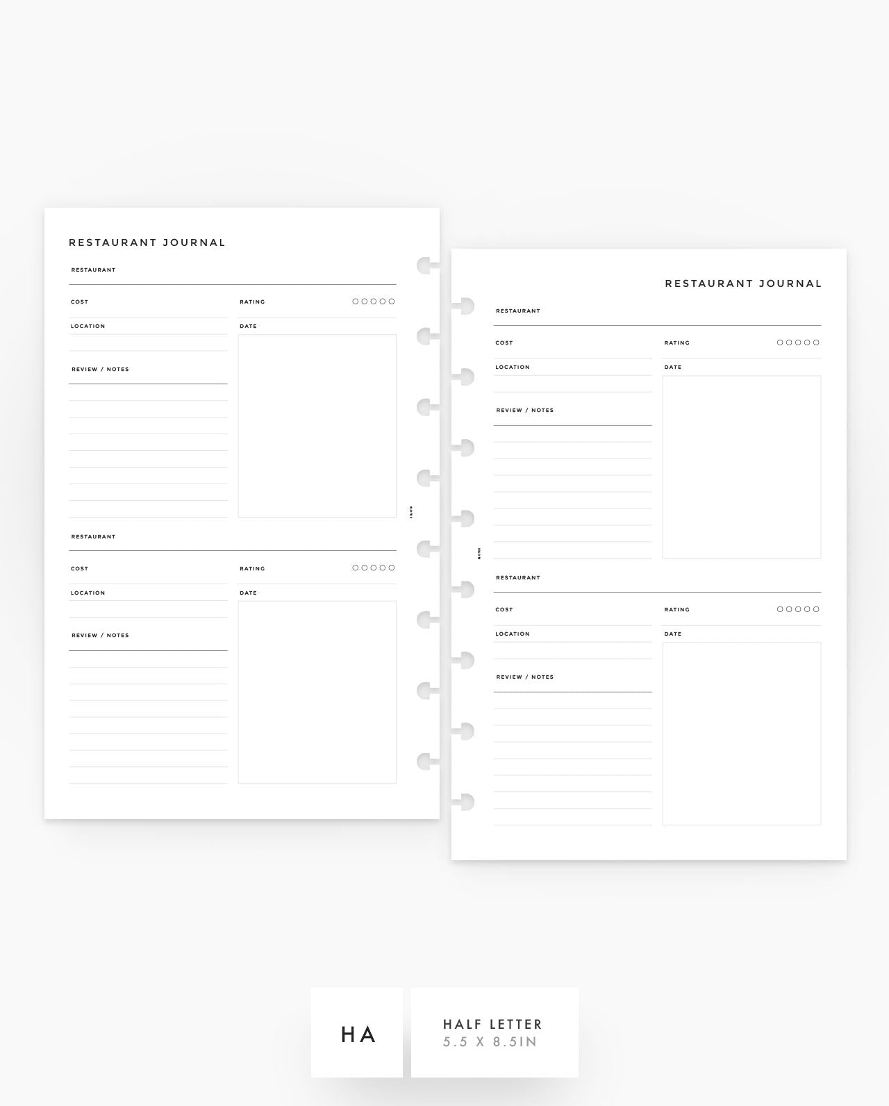 MN260 - Restaurant Journal - Printable Planner Inserts PDF