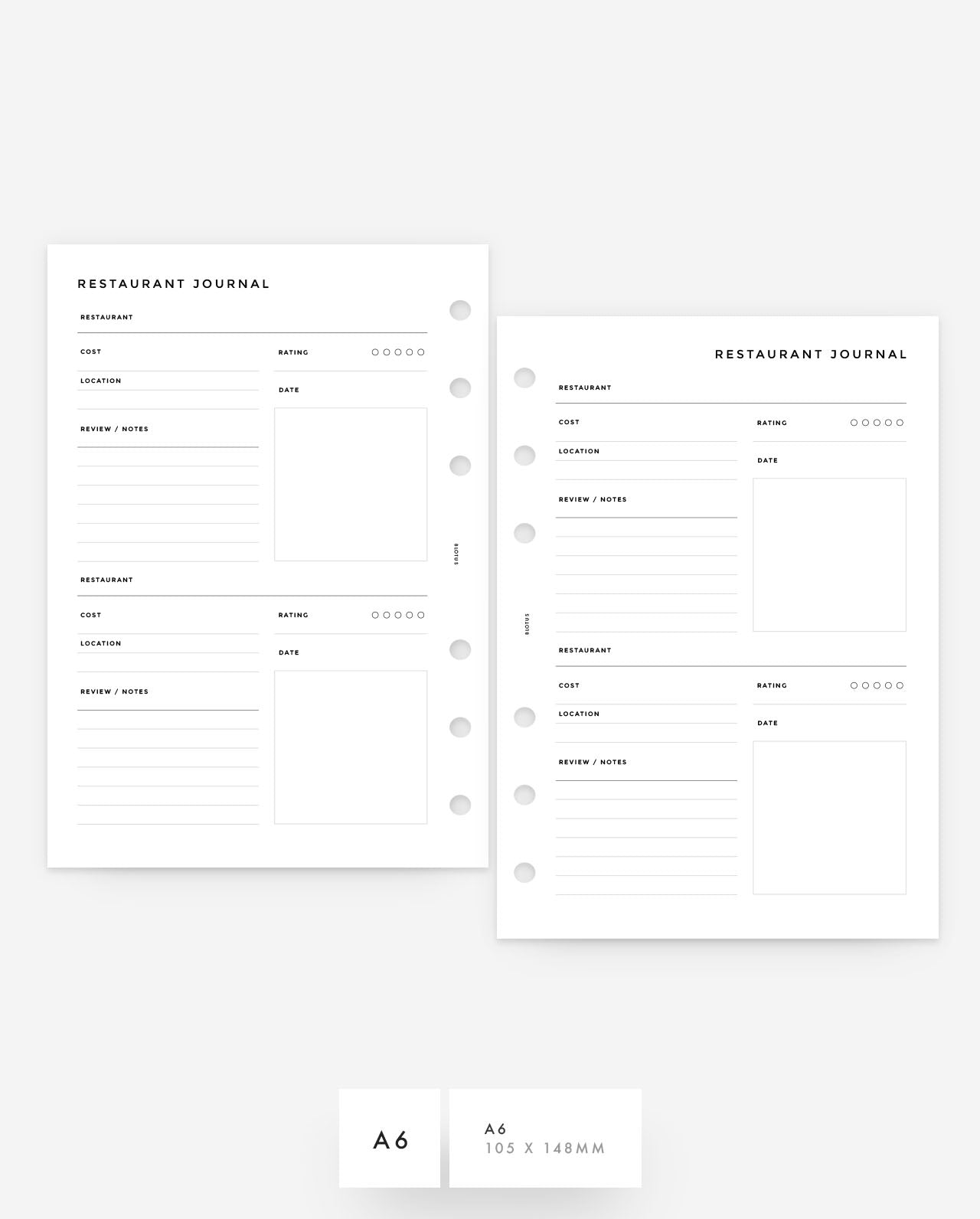 MN260 - Restaurant Journal - Printable Planner Inserts PDF