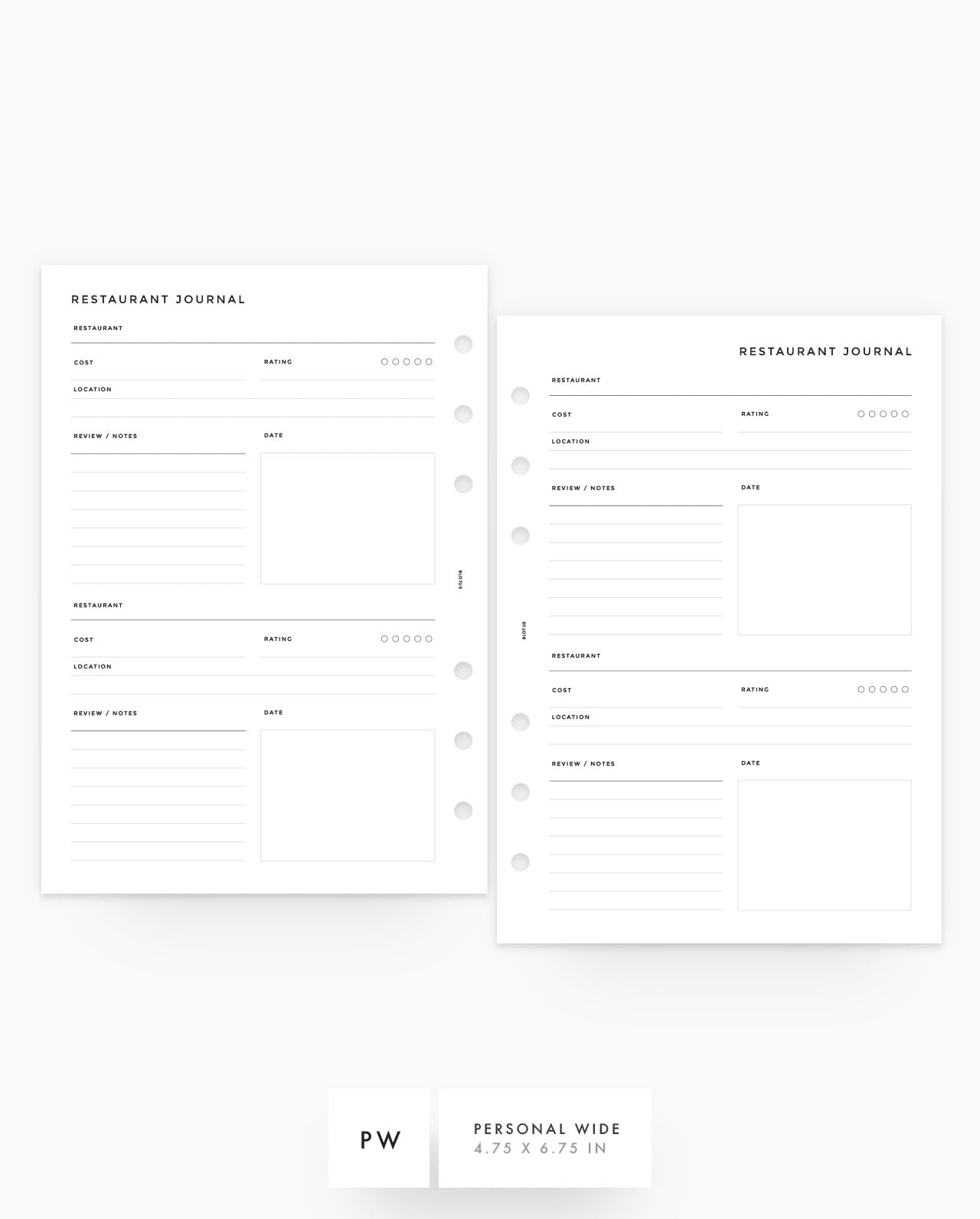 MN260 - Restaurant Journal - Printable Planner Inserts PDF