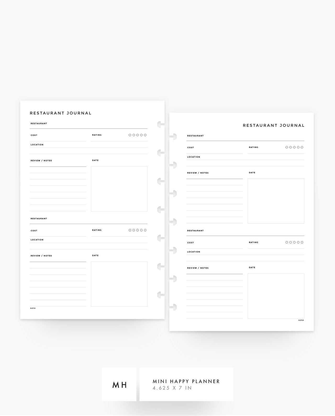 MN260 - Restaurant Journal - Printable Planner Inserts PDF