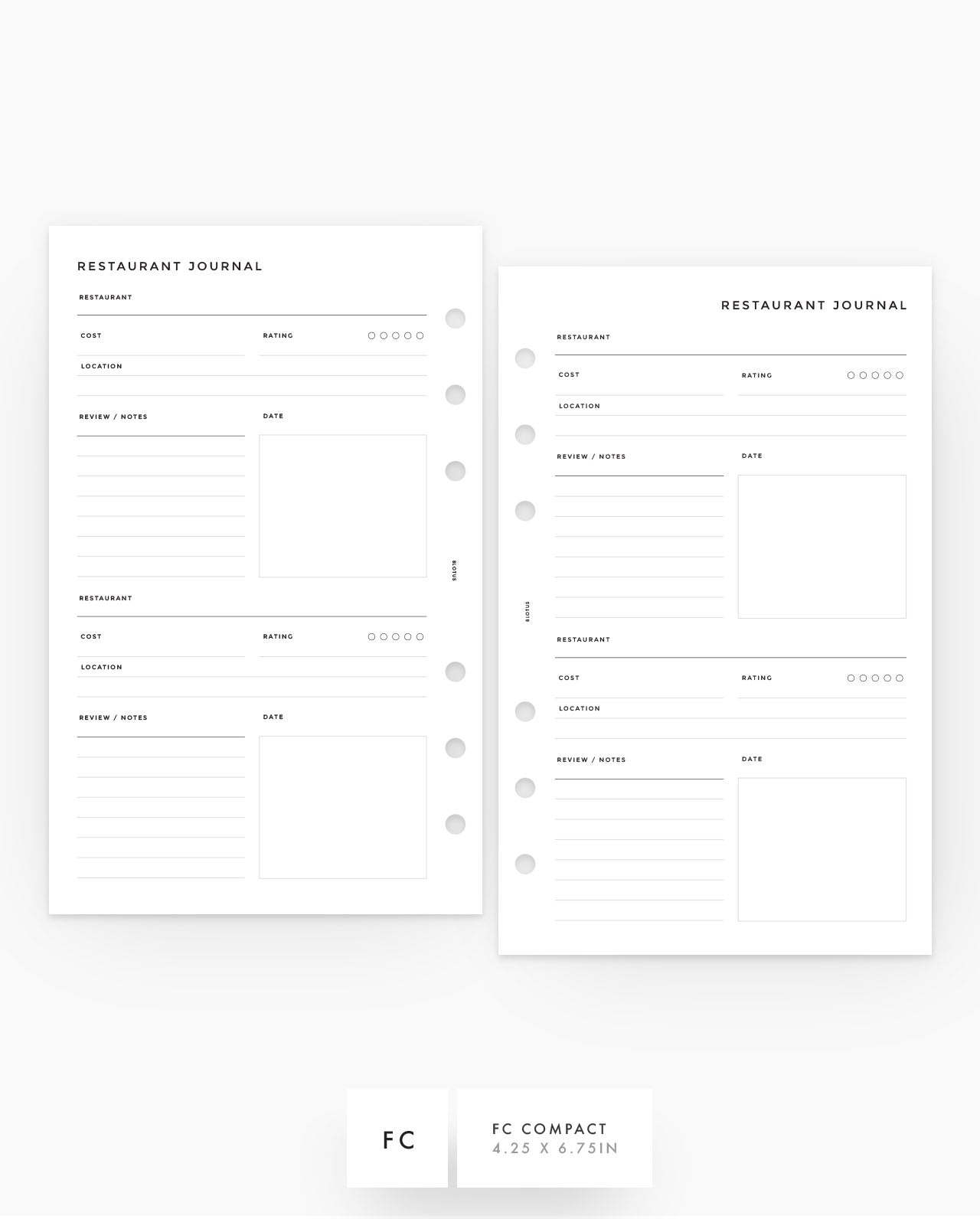 MN260 - Restaurant Journal - Printable Planner Inserts PDF