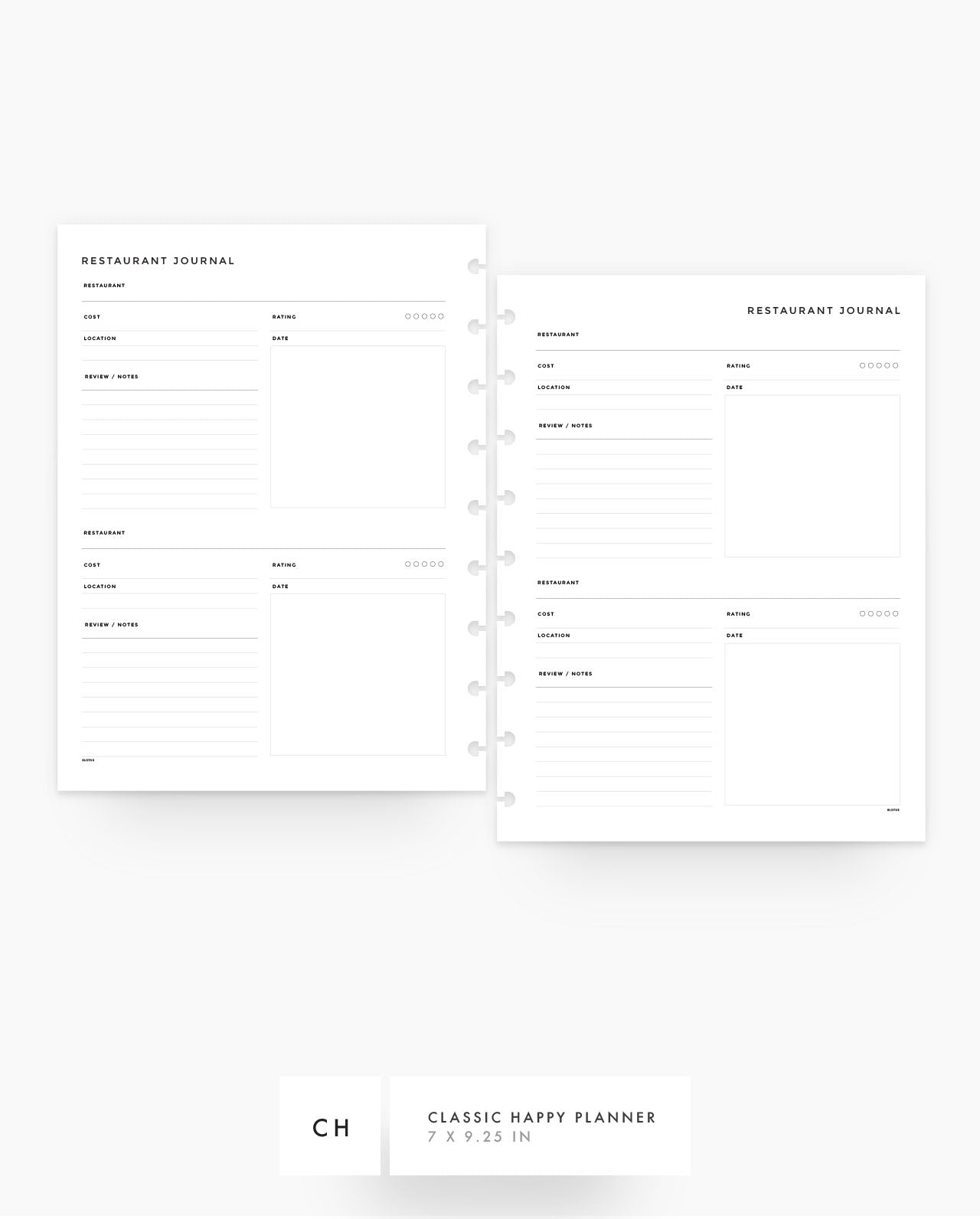 MN260 - Restaurant Journal - Printable Planner Inserts PDF