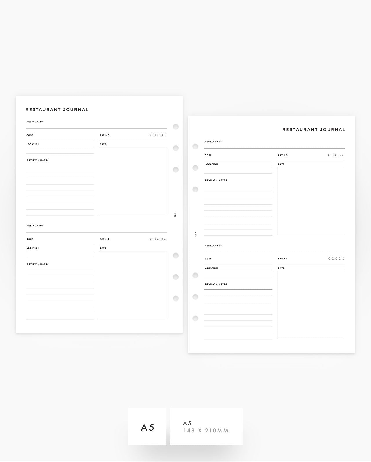 MN260 - Restaurant Journal - Printable Planner Inserts PDF