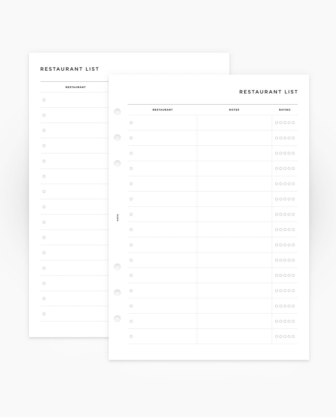 MN259 - Restaurant List - Planner Inserts (Special Order)