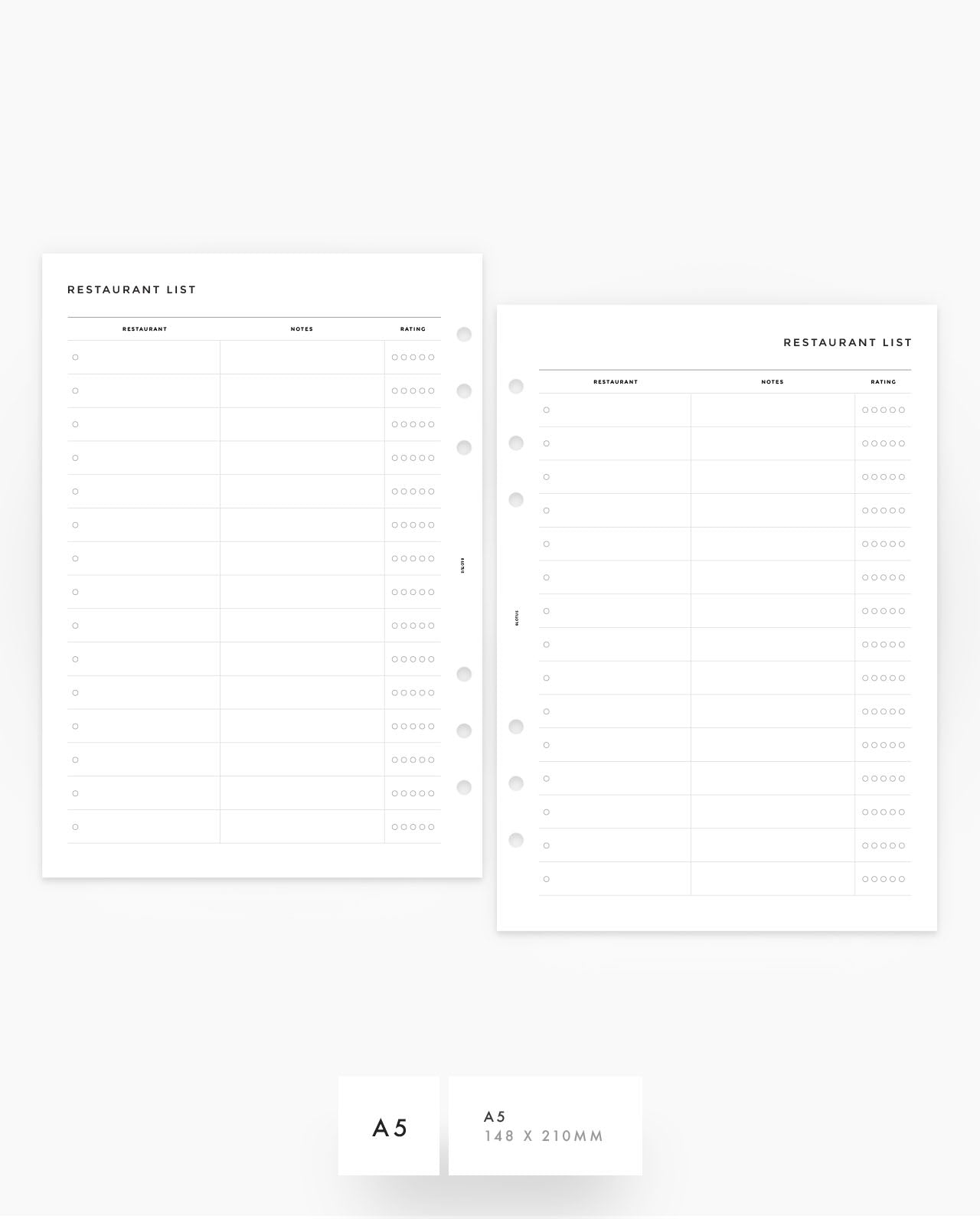 MN259 - Restaurant List - Planner Inserts (Special Order)