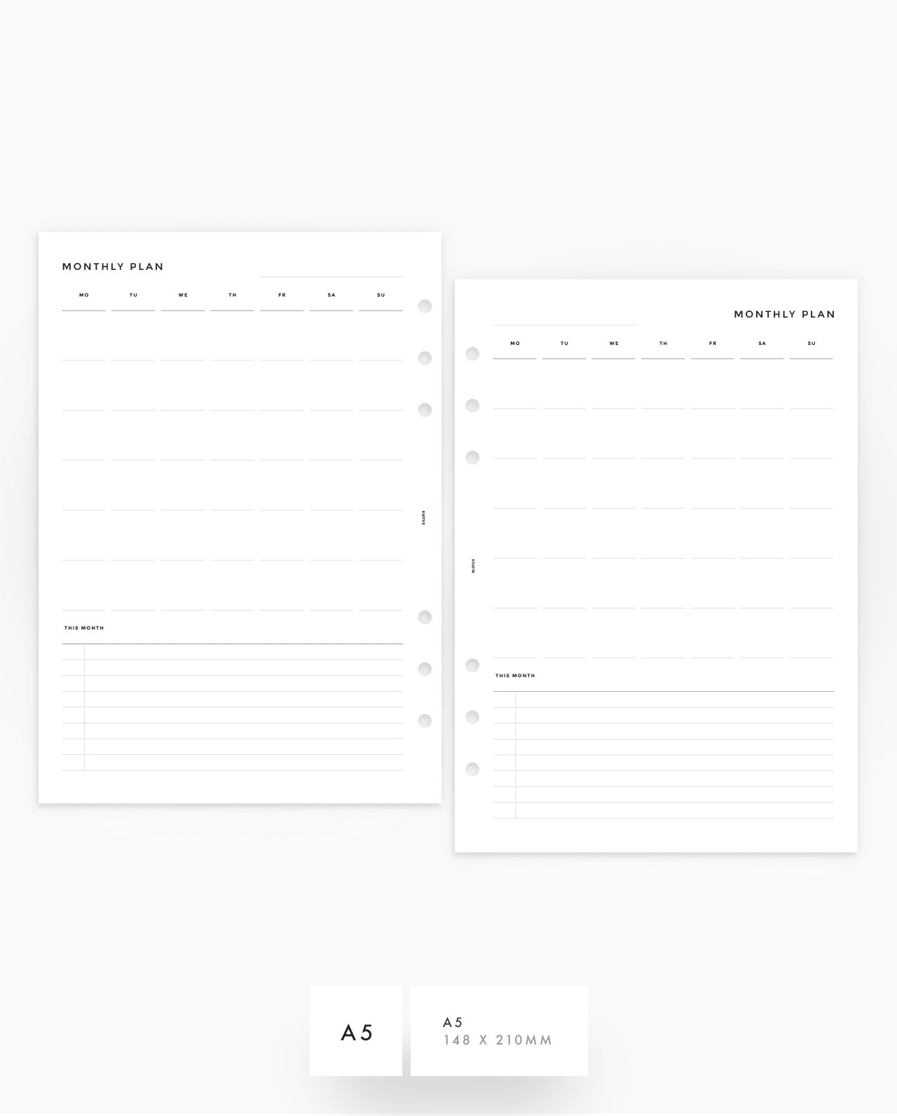 Monthly Overview A6 Printable Planner Inserts MO1P Layout 